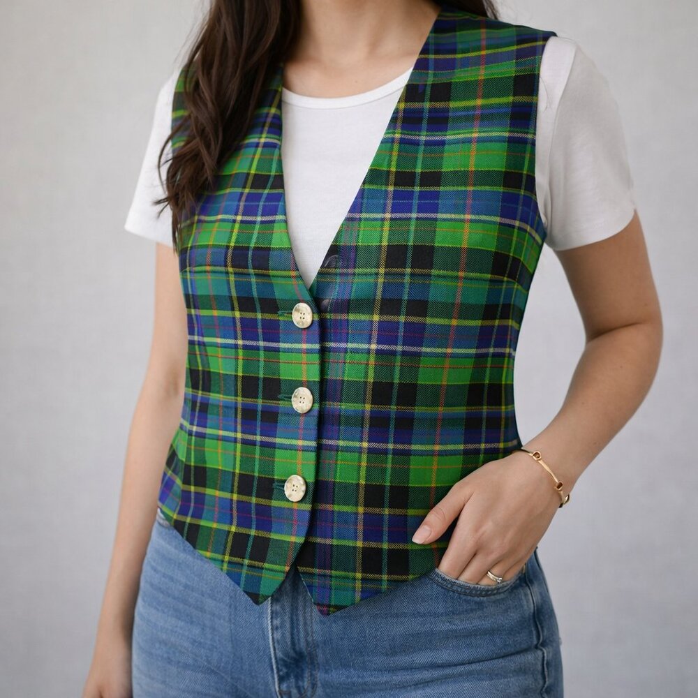 Vintage Anne Klein II Silk Plaid Vest Green Blue Black Size 10